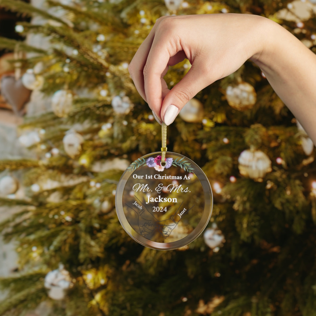 Mr. and Mrs. 1st Christmas Round Glass Ornament